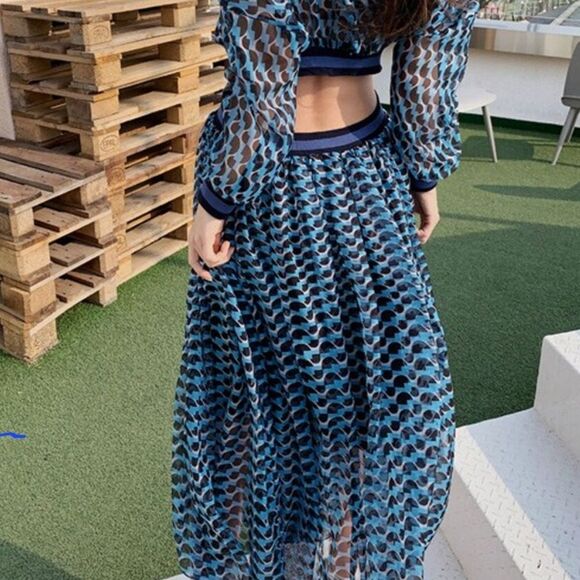 Runway Skirts Blue Halter Neckline Long Sleeves Cut Out Ankle Lenght Dress S - Picture 3 of 14